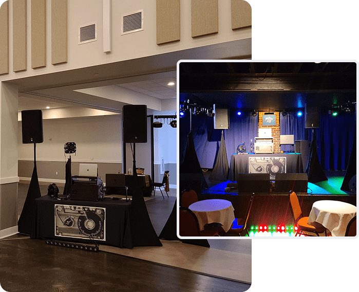 Two pictures of a dj set up in a room.