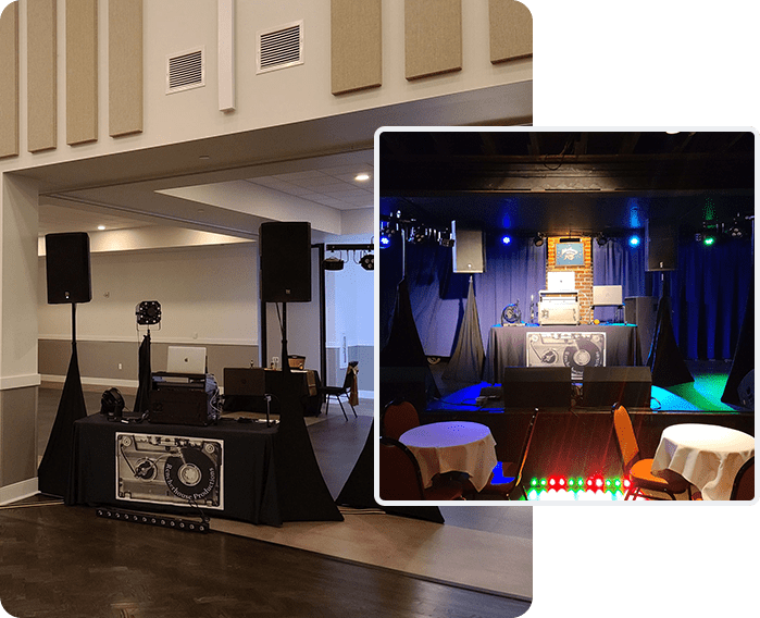 Two pictures of a dj set up in a room.