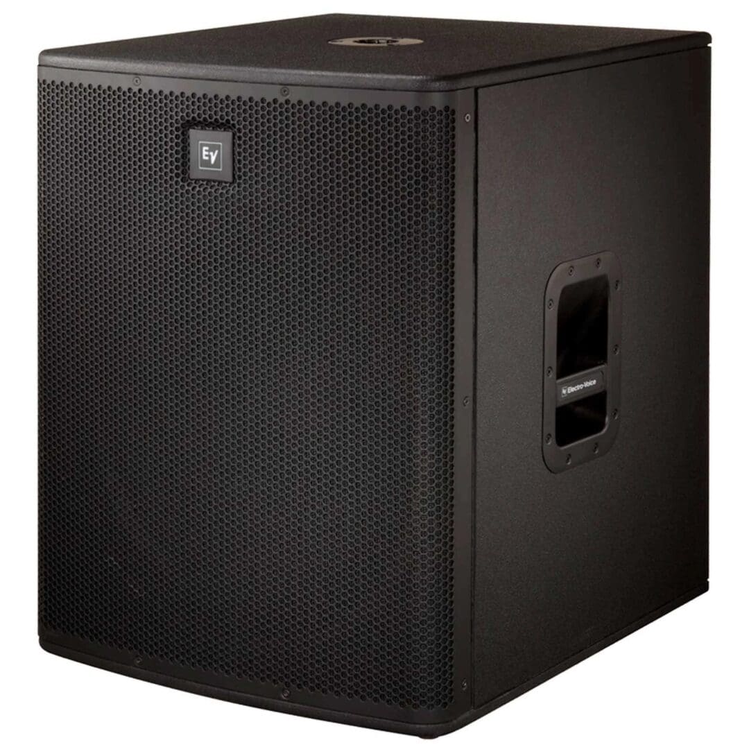 A black speaker sitting on top of a floor.