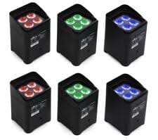 A group of six square lights in different colors.