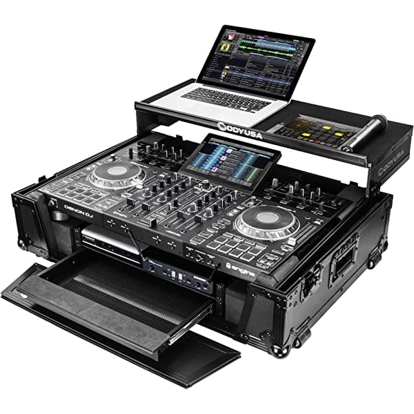 A dj controller and laptop on top of a case.