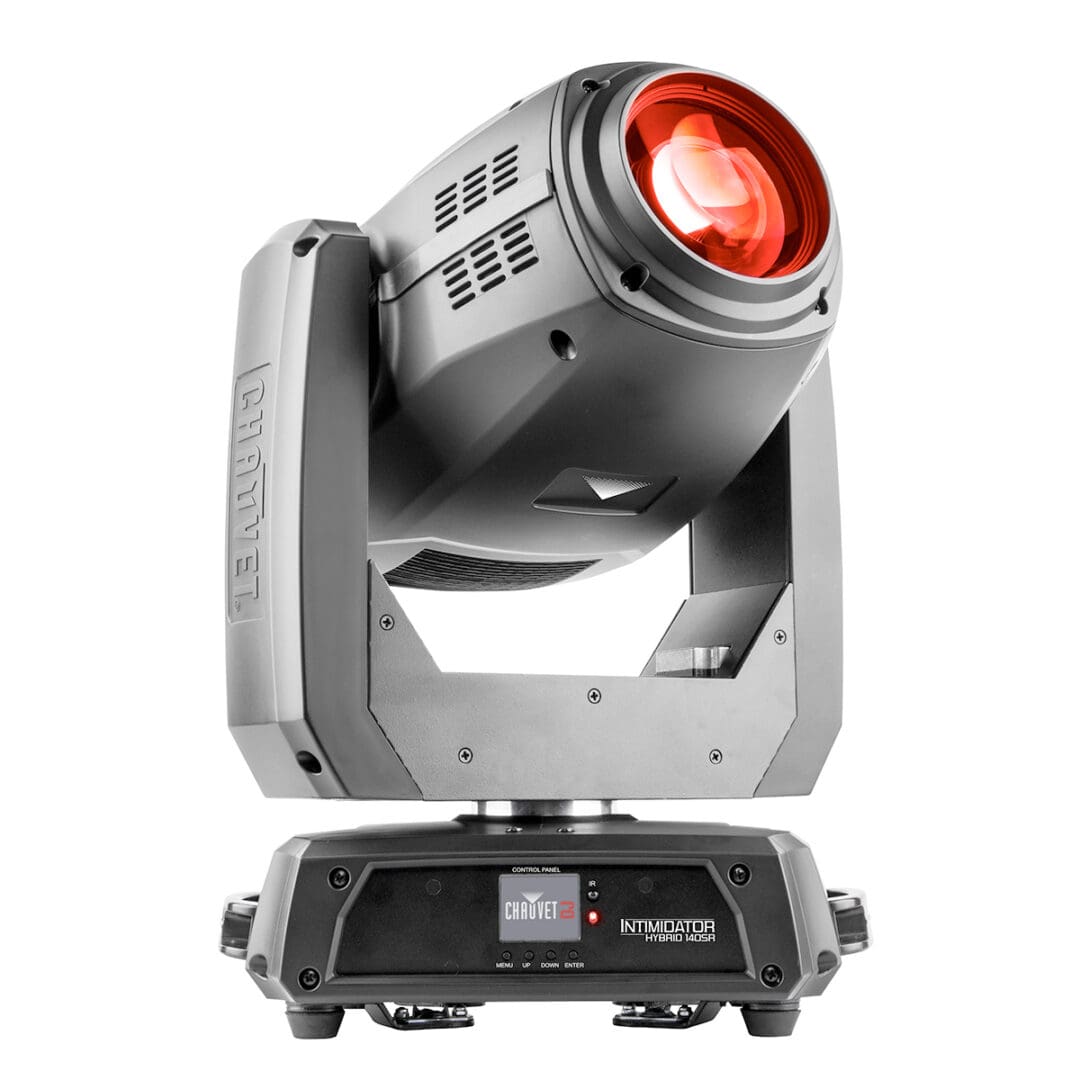 A black Chauvet Intimidator moving-head stage light with a red lens, positioned on a base against a white background.