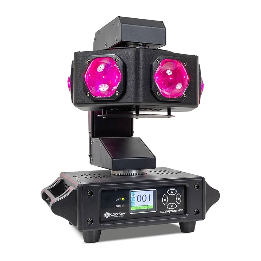 A black ColorKey Scepter FX lighting fixture with digital display and four pink LED lights is shown against a white background.